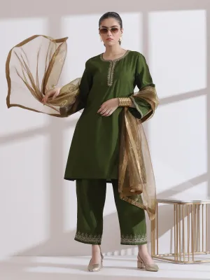2 Pc Set - Airskin Mehndi Kurta With Embroidery On Kurta And Pants