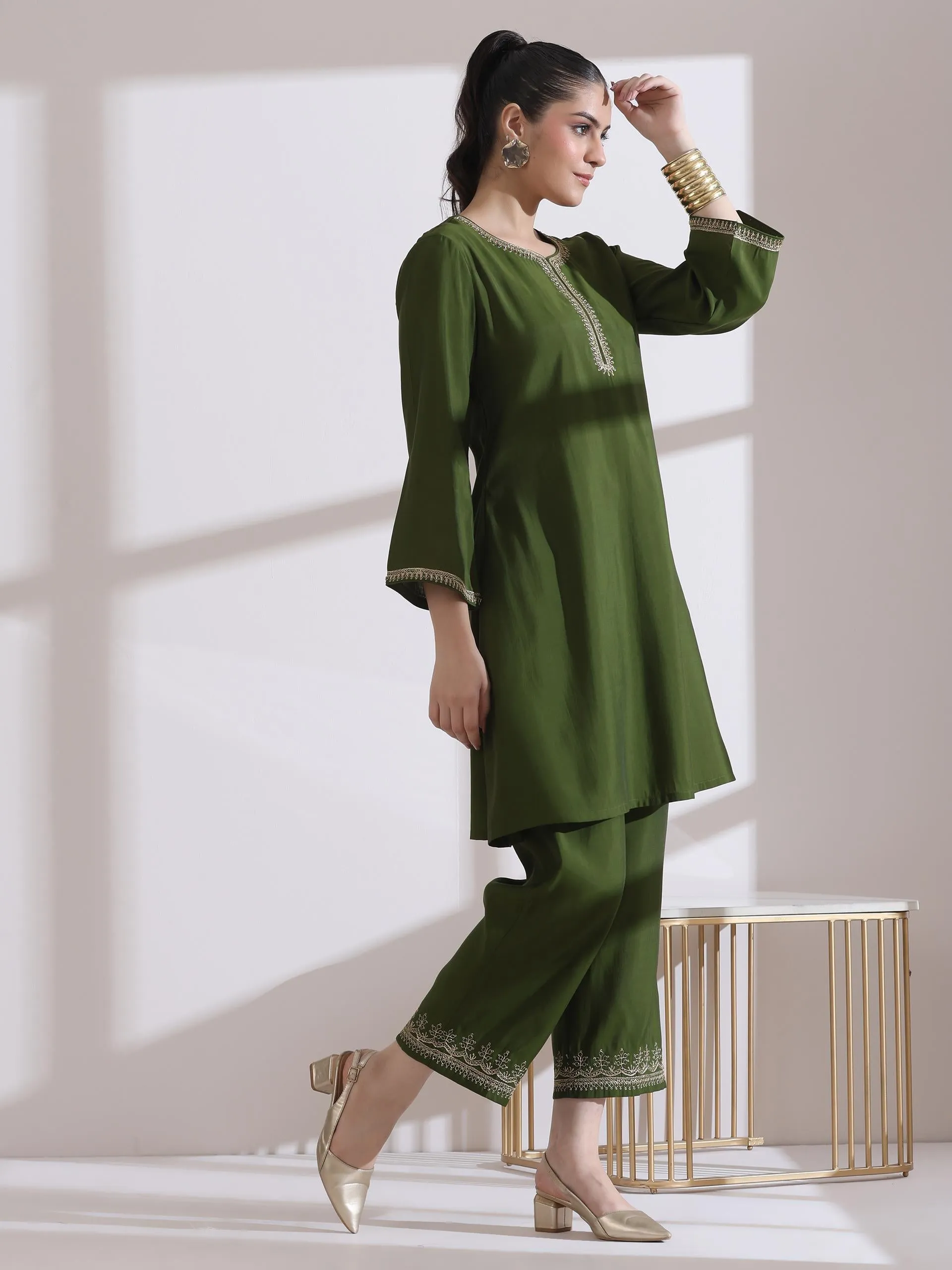 2 Pc Set - Airskin Mehndi Kurta With Embroidery On Kurta And Pants