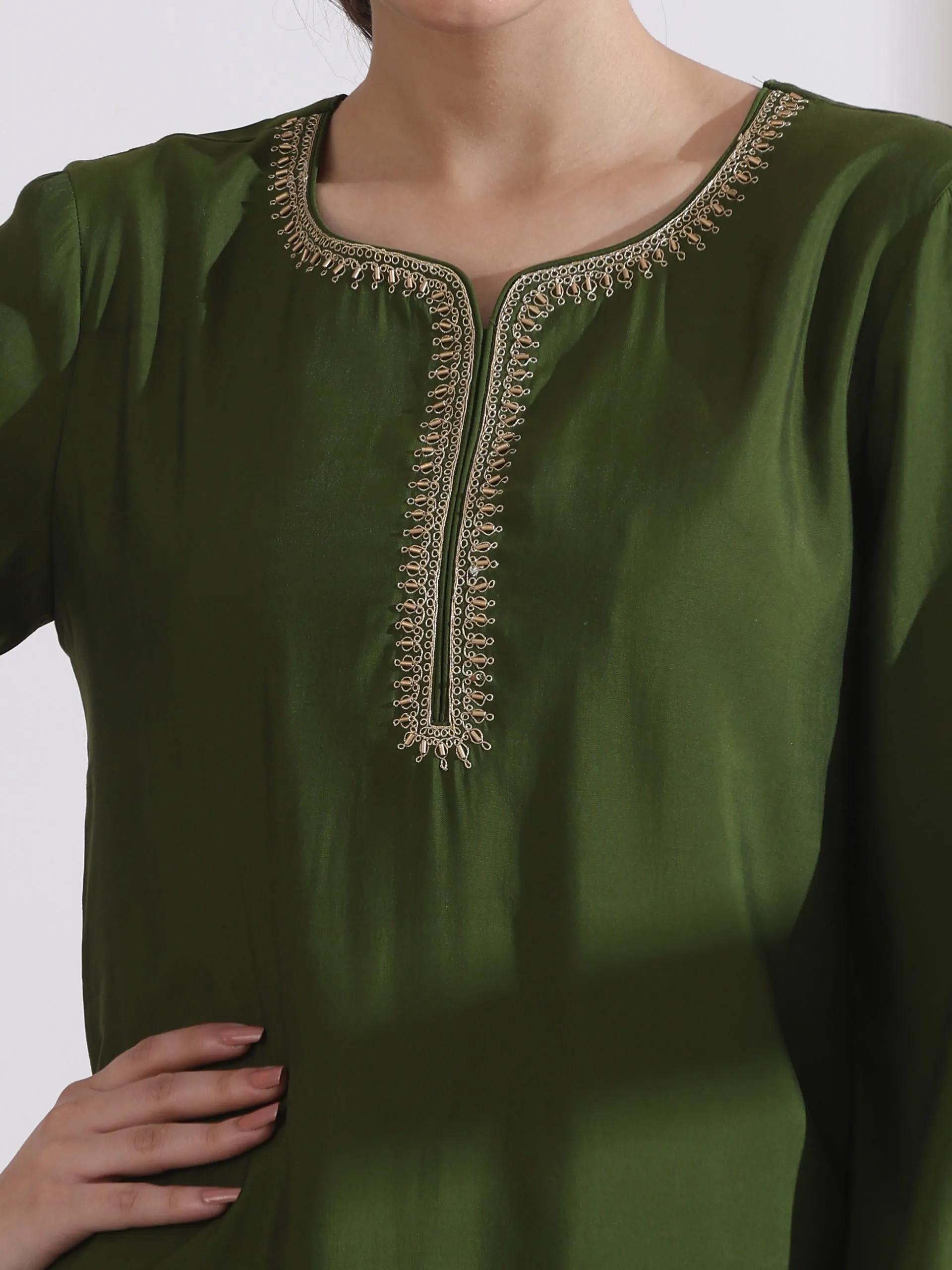 2 Pc Set - Airskin Mehndi Kurta With Embroidery On Kurta And Pants