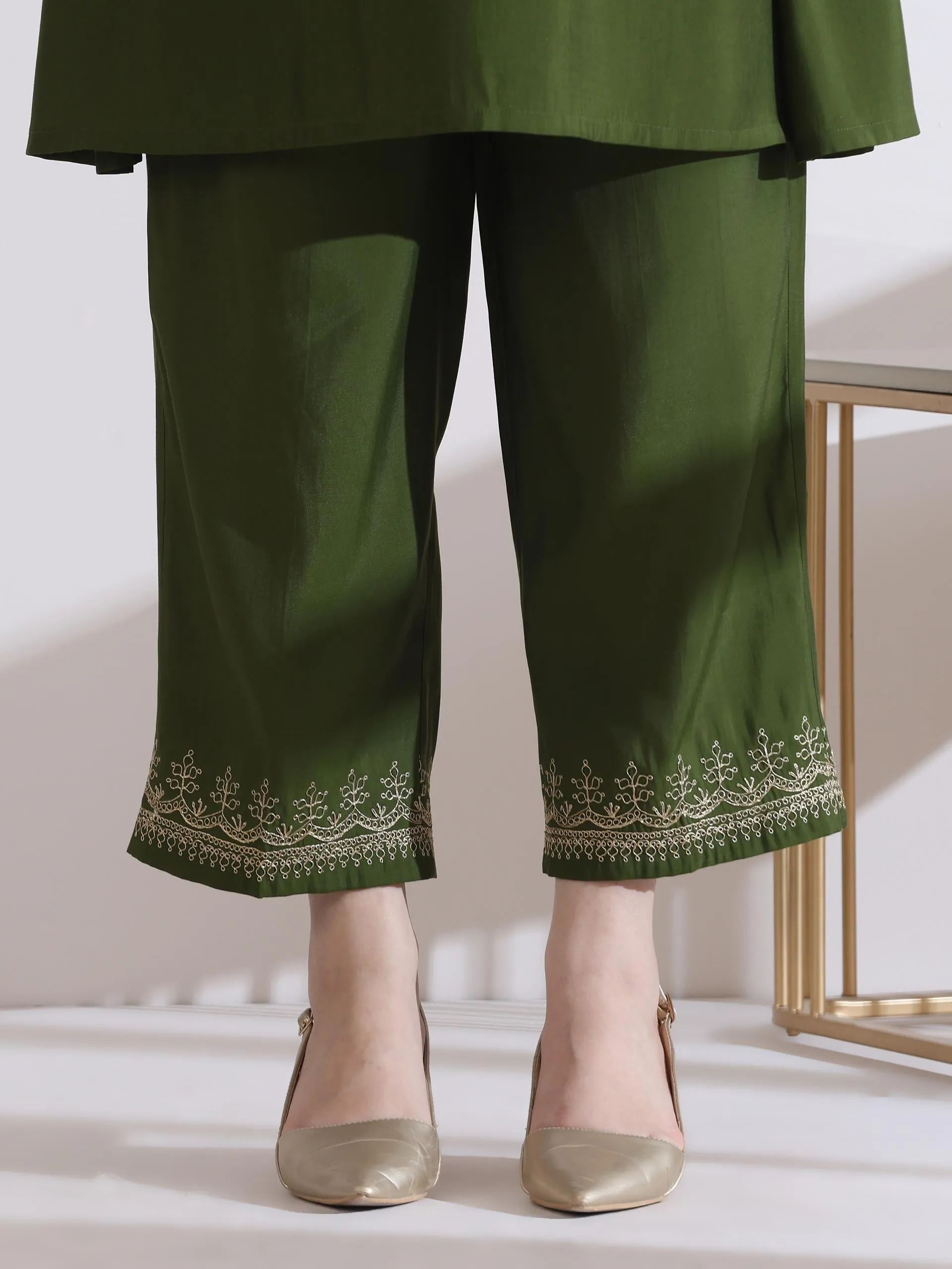 2 Pc Set - Airskin Mehndi Kurta With Embroidery On Kurta And Pants