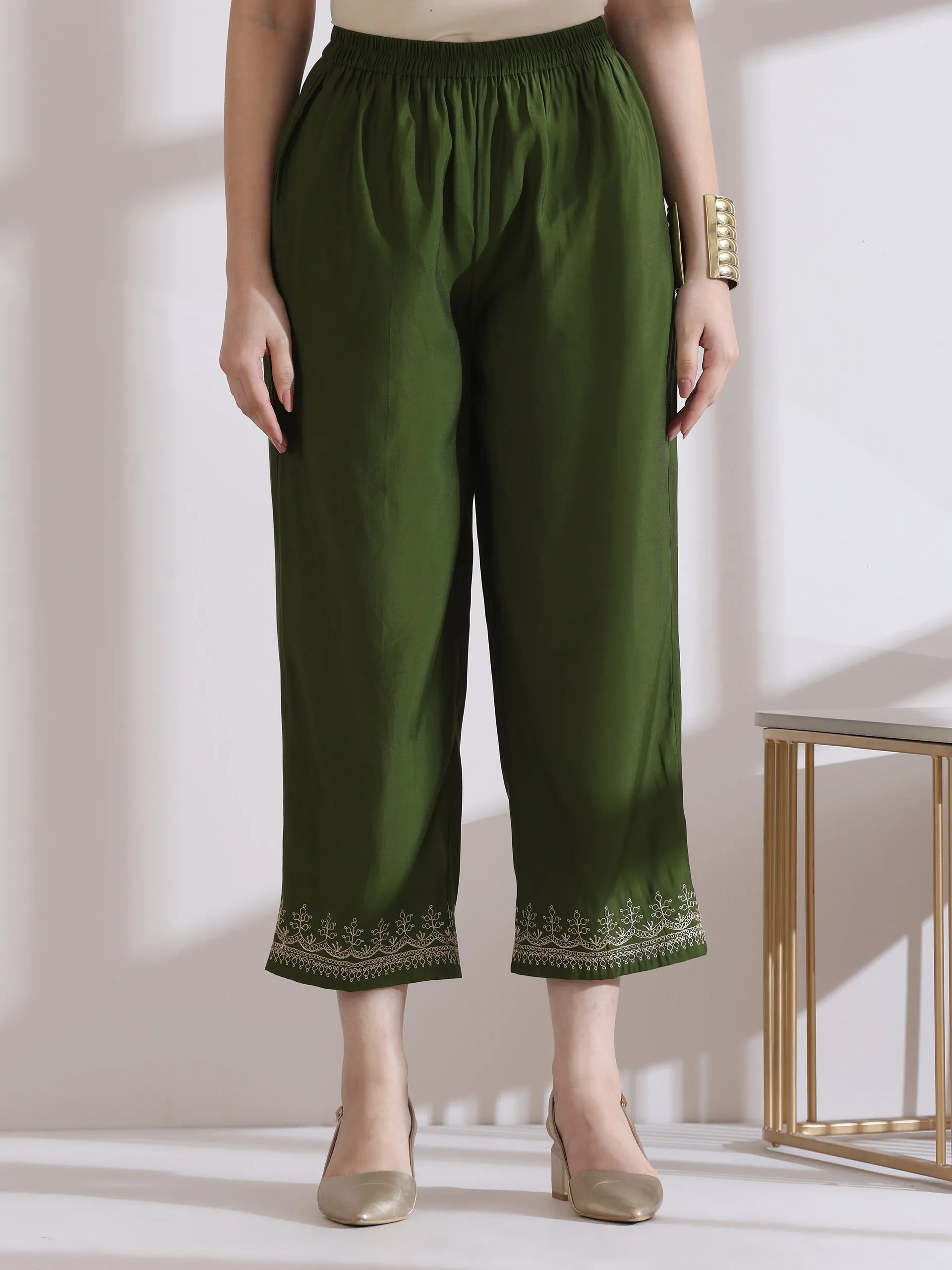2 Pc Set - Airskin Mehndi Kurta With Embroidery On Kurta And Pants