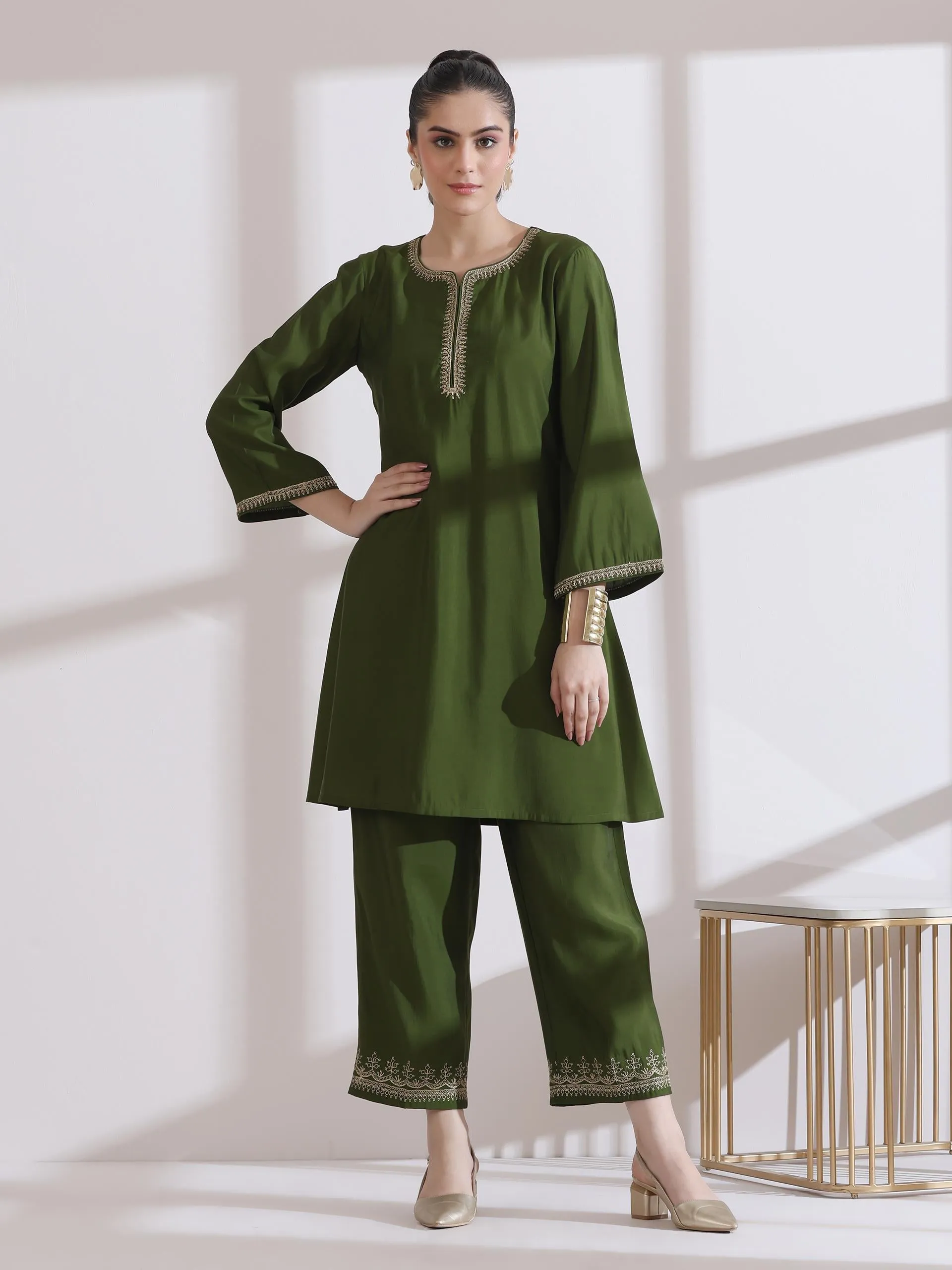 2 Pc Set - Airskin Mehndi Kurta With Embroidery On Kurta And Pants