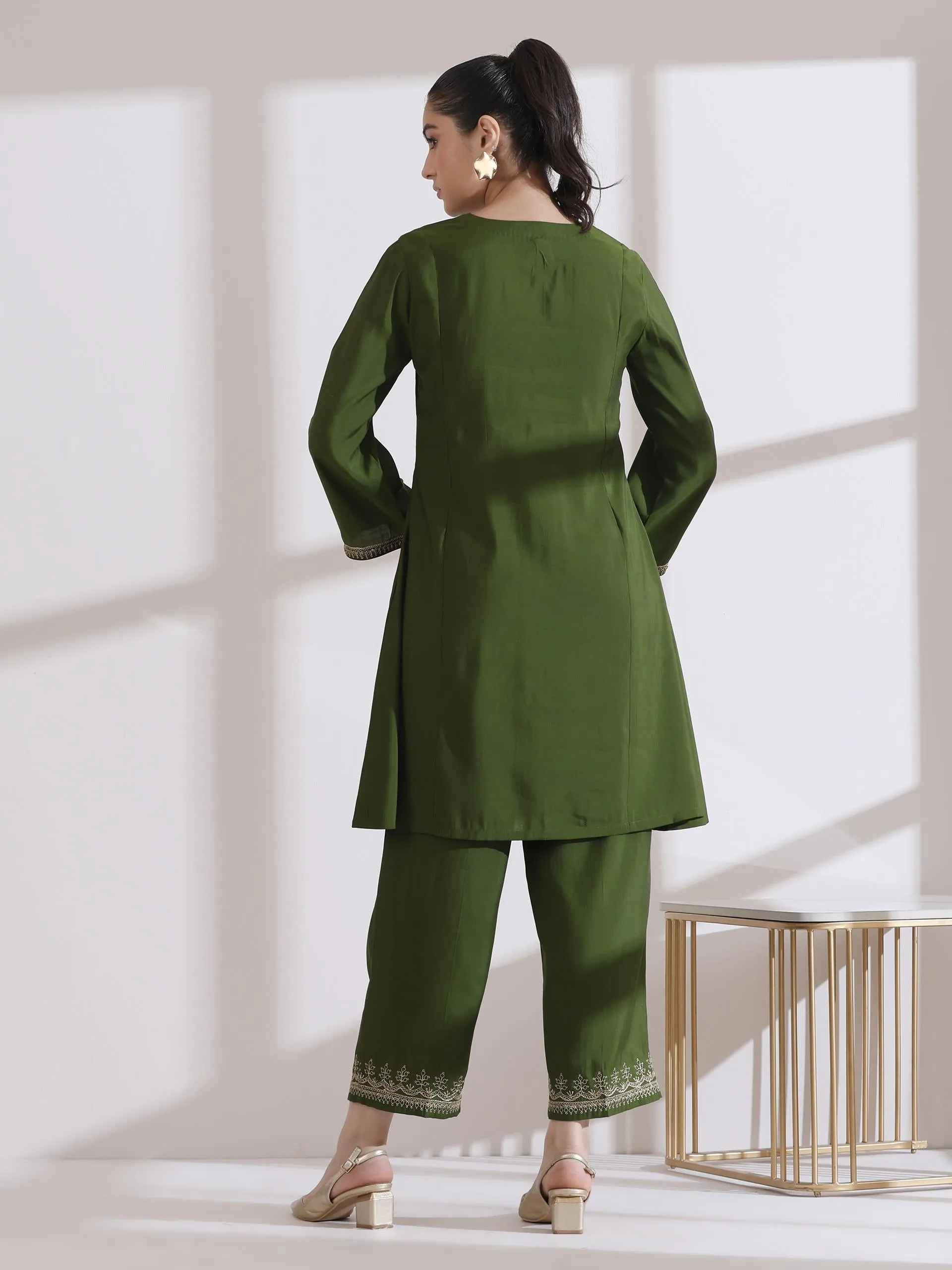 2 Pc Set - Airskin Mehndi Kurta With Embroidery On Kurta And Pants