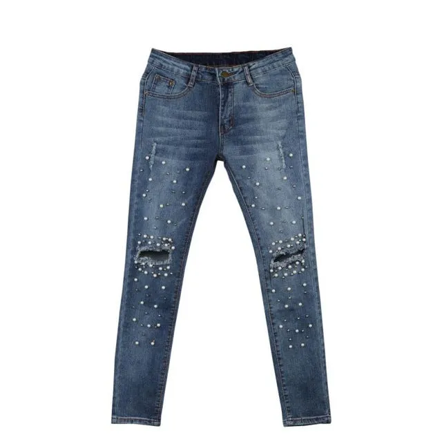 2017 Women Knee Hole Ripped Jeans Stretch Denim Pencil Pants Slim Fit Rivet Pearl Jeans Long Trousers Low Waist Cowboy O17