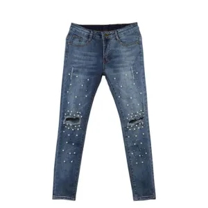 2017 Women Knee Hole Ripped Jeans Stretch Denim Pencil Pants Slim Fit Rivet Pearl Jeans Long Trousers Low Waist Cowboy O17