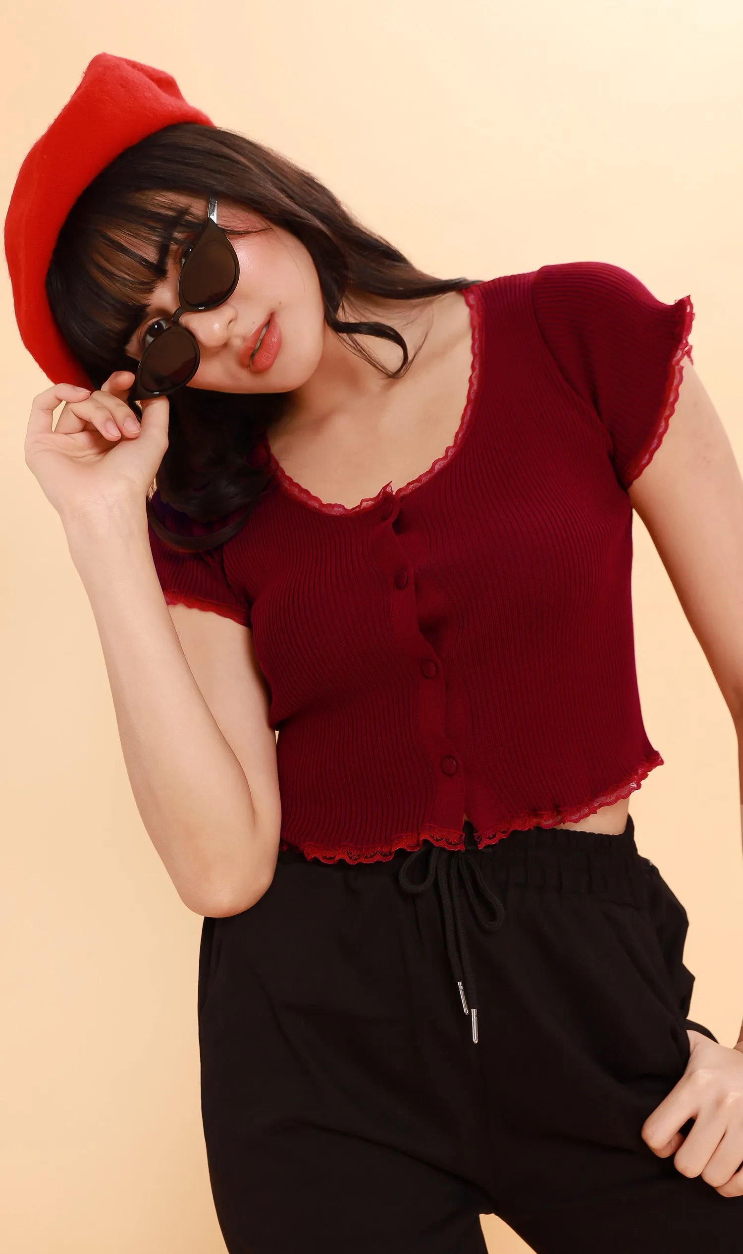 ABBY Lace-Trimmed Knit Crop Top (Ox Blood)