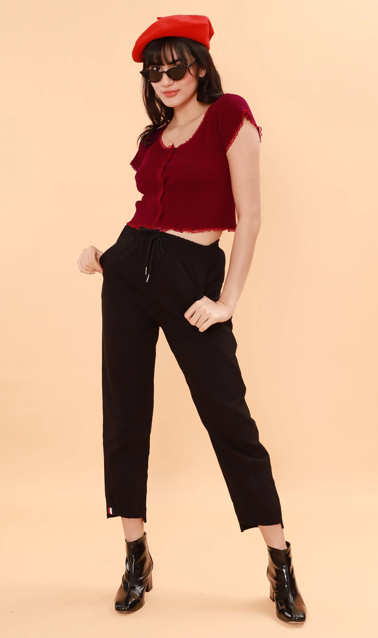 ABBY Lace-Trimmed Knit Crop Top (Ox Blood)