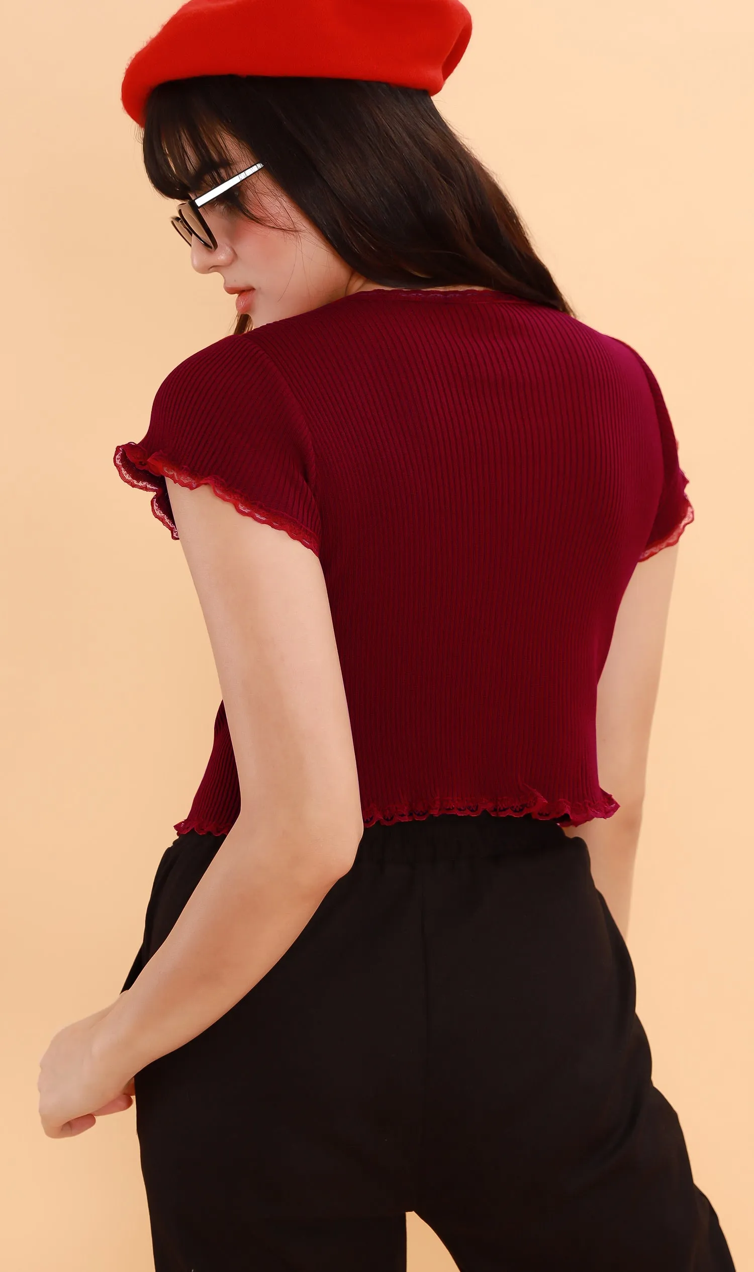 ABBY Lace-Trimmed Knit Crop Top (Ox Blood)
