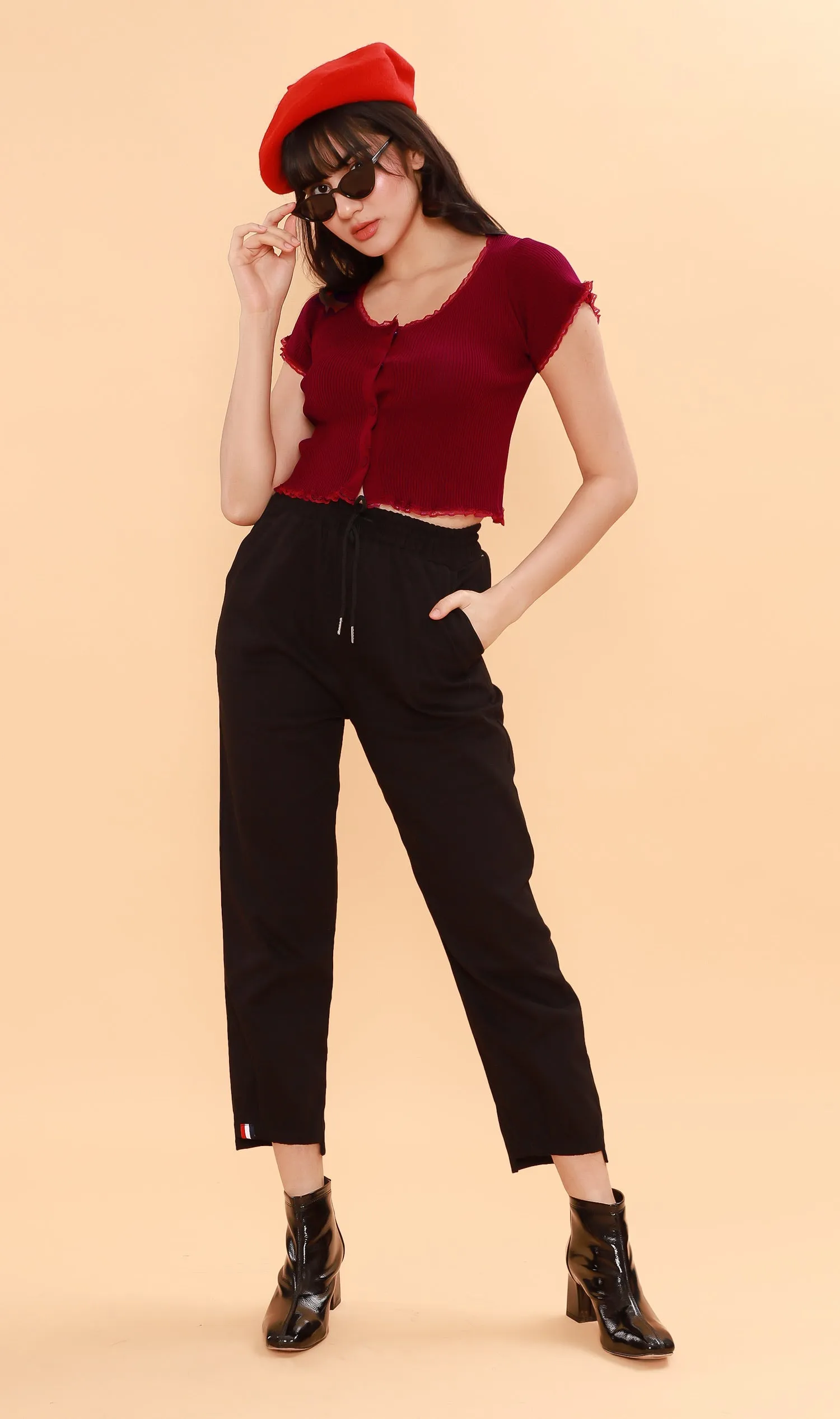 ABBY Lace-Trimmed Knit Crop Top (Ox Blood)