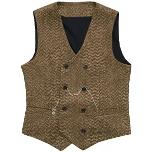 Aidase V Neck Men's Suit Vests Herringbone Wool Tweed Double Breasted Waistcoat Tuxedo Groomsmen For Wedding Groom One Piece Vest