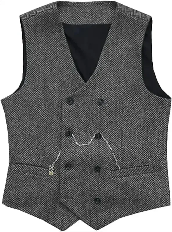 Aidase V Neck Men's Suit Vests Herringbone Wool Tweed Double Breasted Waistcoat Tuxedo Groomsmen For Wedding Groom One Piece Vest