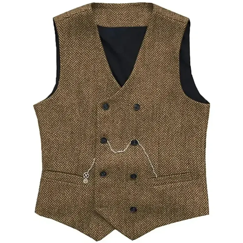 Aidase V Neck Men's Suit Vests Herringbone Wool Tweed Double Breasted Waistcoat Tuxedo Groomsmen For Wedding Groom One Piece Vest