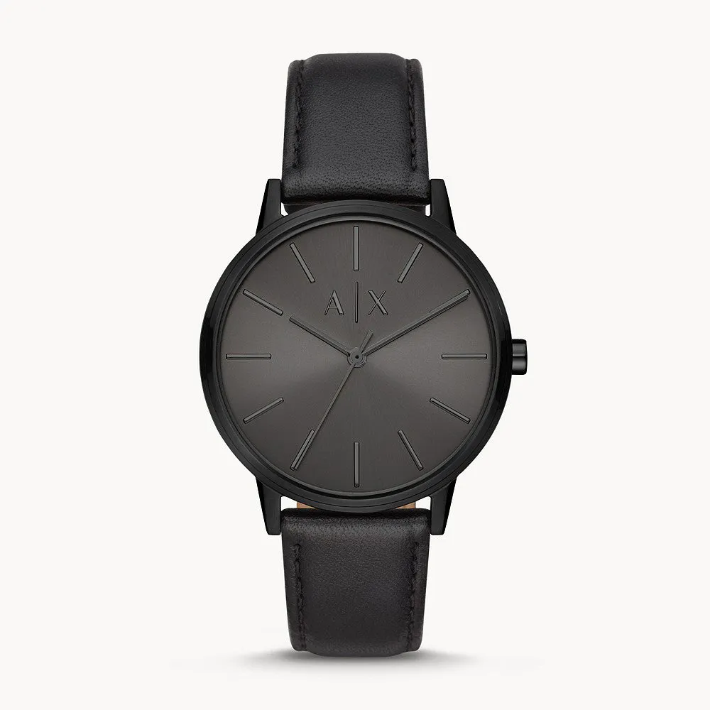 Armani Exchange Men's Three-Hand Black Leather Watch