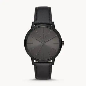 Armani Exchange Men's Three-Hand Black Leather Watch