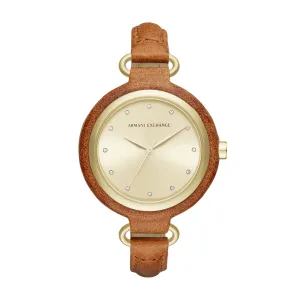 Armani Exchange Women's Gold Dial Leather Band Watch