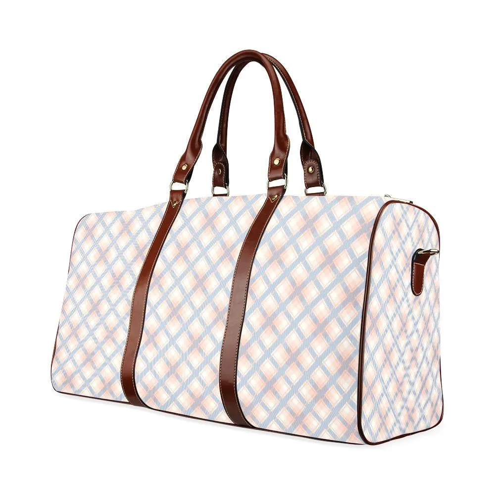 Audra Pink, Blue, and Ivory Plaid Travel Bag - Brown Handles