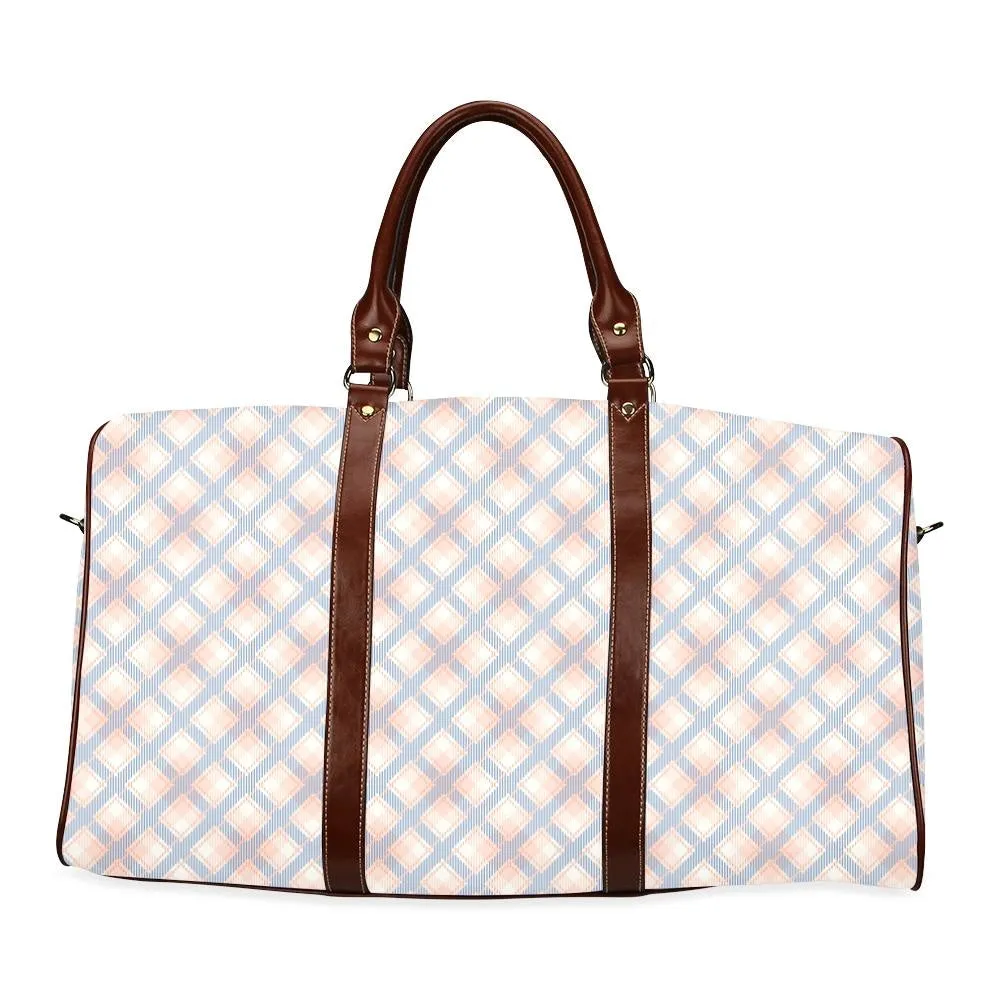 Audra Pink, Blue, and Ivory Plaid Travel Bag - Brown Handles