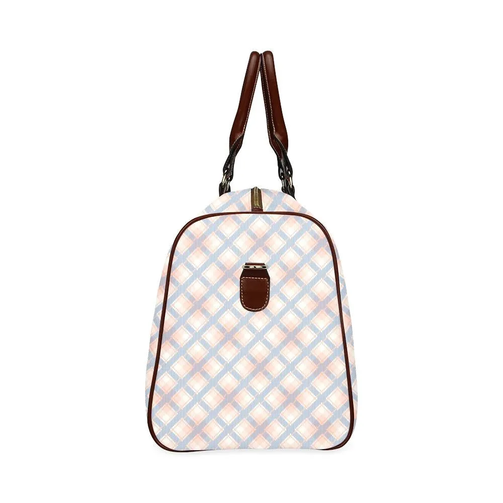 Audra Pink, Blue, and Ivory Plaid Travel Bag - Brown Handles