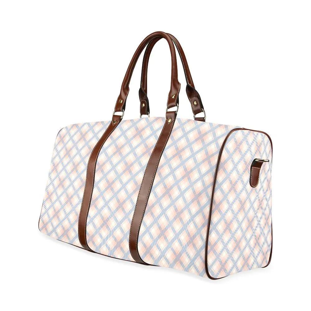 Audra Pink, Blue, and Ivory Plaid Travel Bag - Brown Handles