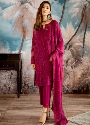 Beautiful thread embroidered chiffon outfit in carmine color # P2319