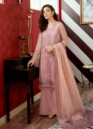 Beautiful thread embroidered chiffon outfit in carnation pink color # P2318