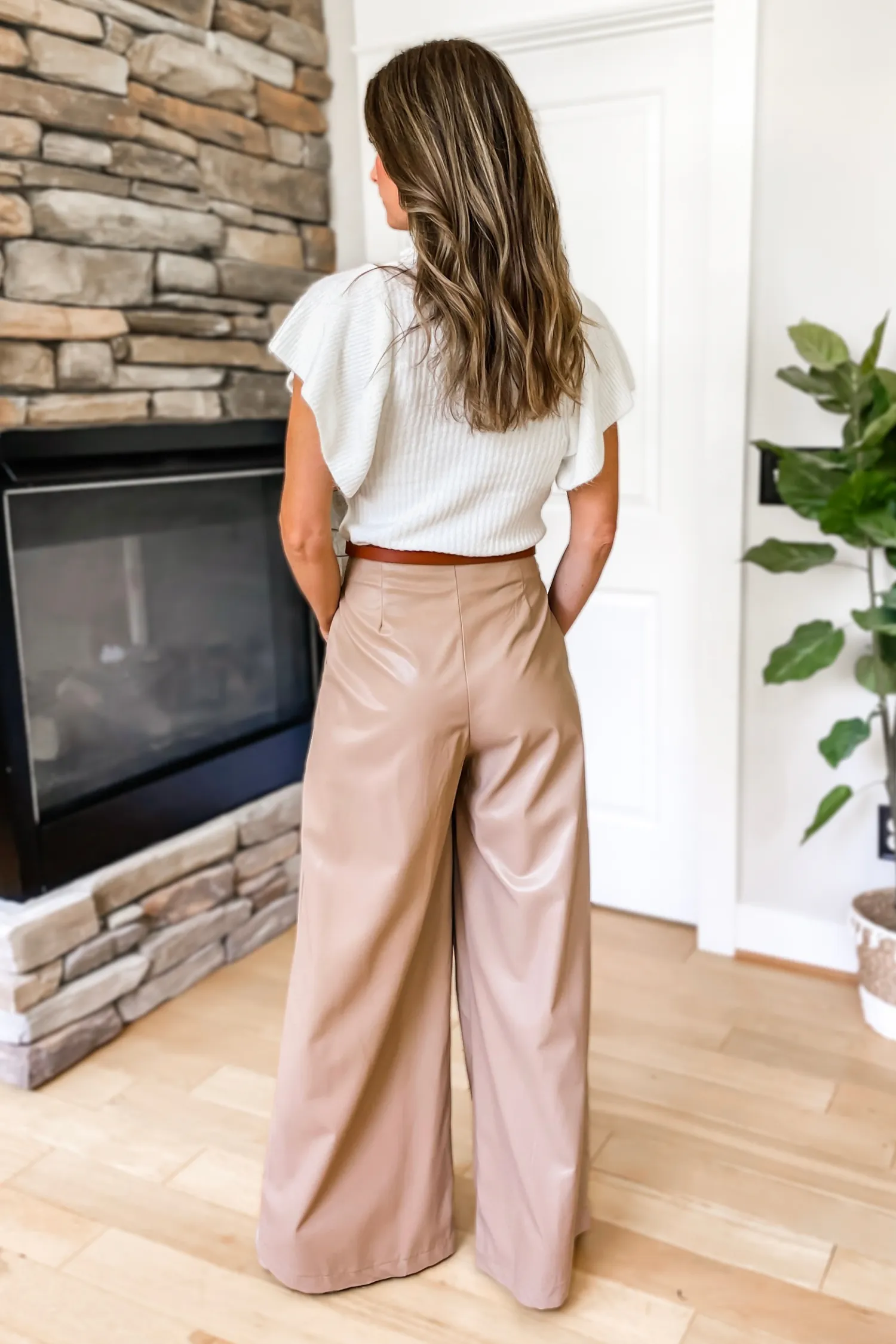 Before Long Faux Leather Pleated Wide Leg Pants - Latte
