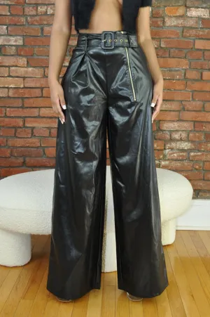 Belted Wide Leg Pants- Black