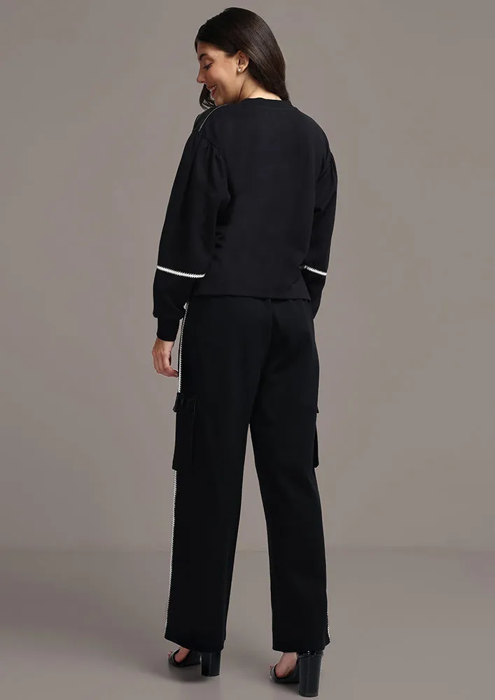 Black Cuff Sleeves Top And Pants Trackset With Leather Detailing