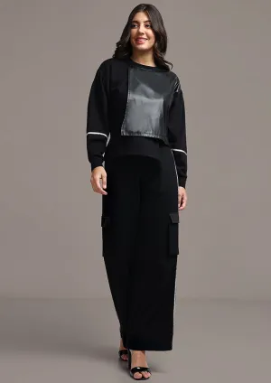 Black Cuff Sleeves Top And Pants Trackset With Leather Detailing