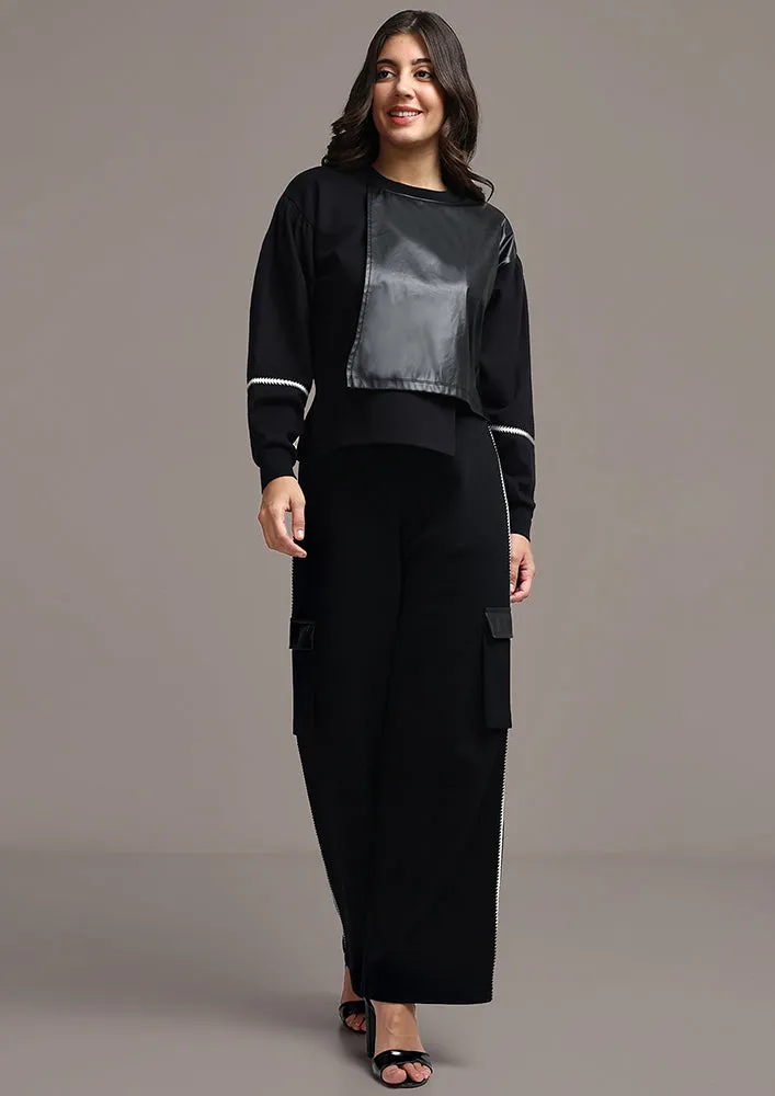 Black Cuff Sleeves Top And Pants Trackset With Leather Detailing