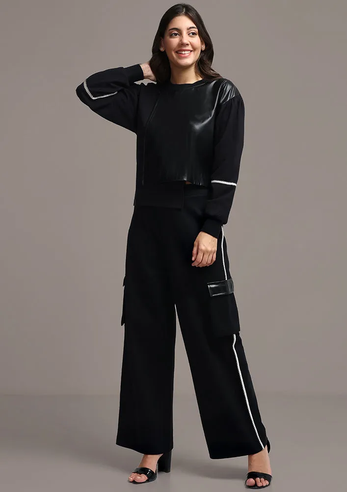 Black Cuff Sleeves Top And Pants Trackset With Leather Detailing