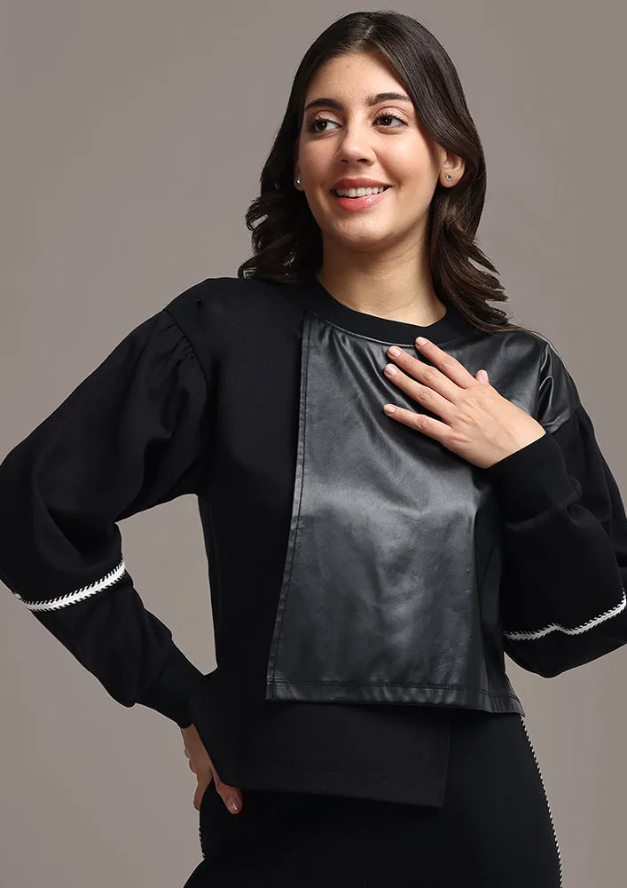 Black Cuff Sleeves Top And Pants Trackset With Leather Detailing