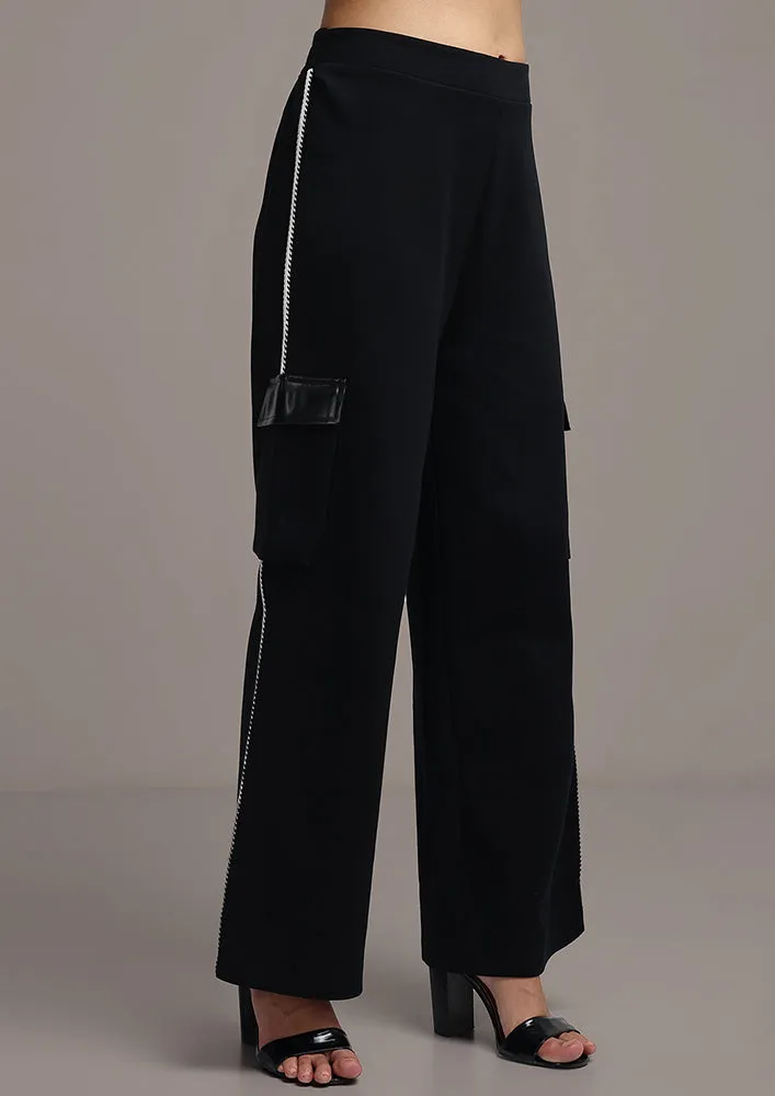 Black Cuff Sleeves Top And Pants Trackset With Leather Detailing