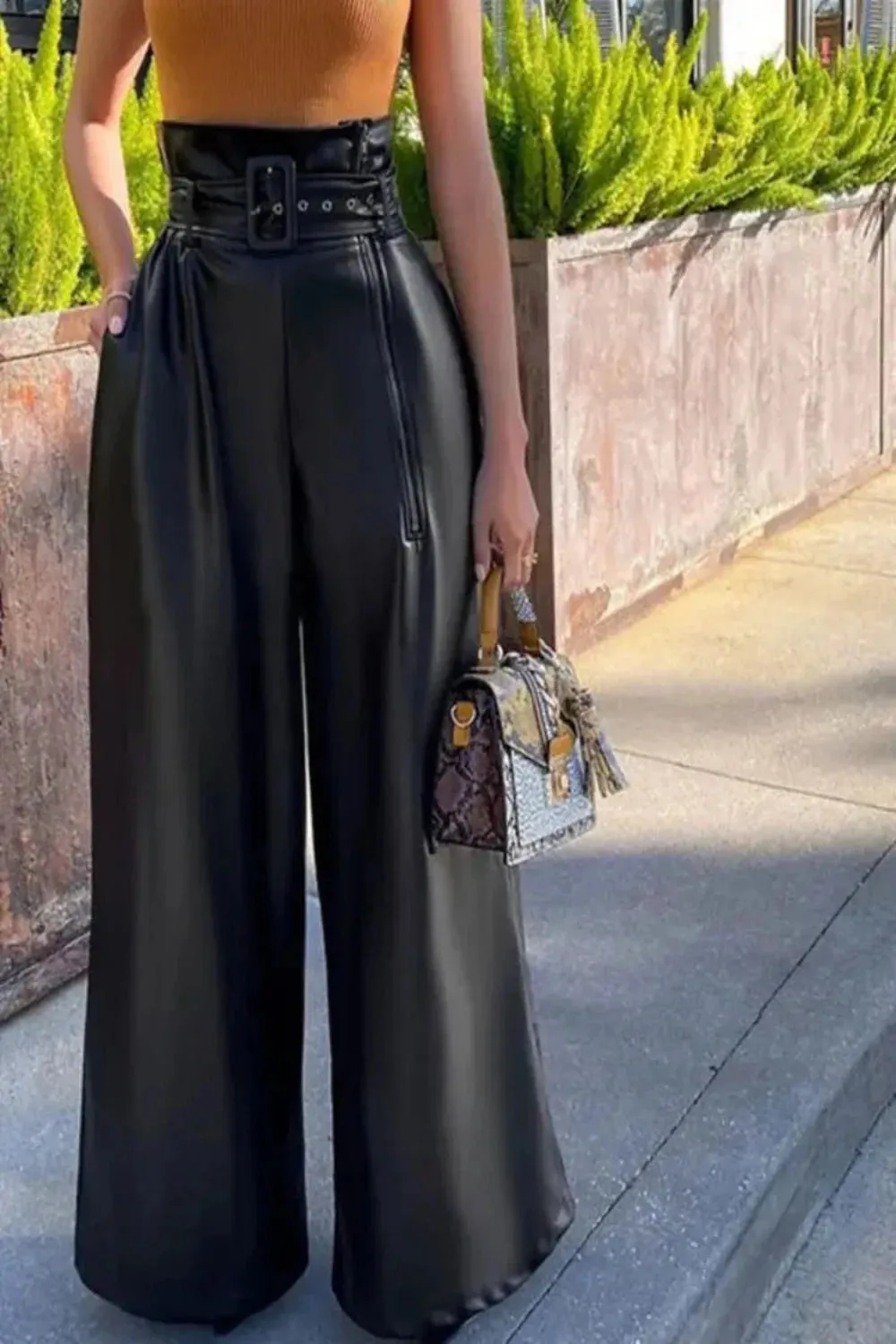 Black High Waist Faux Leather Wide Leg Pants