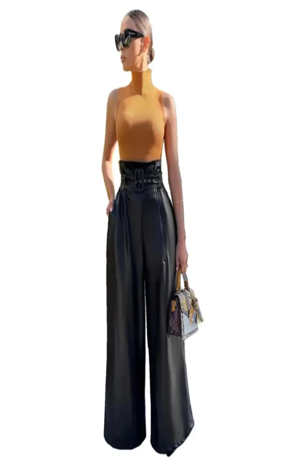 Black High Waist Faux Leather Wide Leg Pants