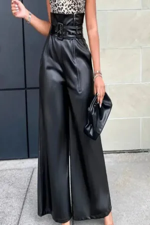 Black High Waist Faux Leather Wide Leg Pants