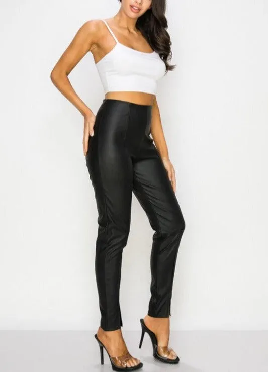 Black Vegan Leather Split Leg Pants
