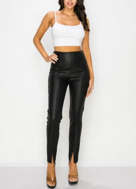 Black Vegan Leather Split Leg Pants
