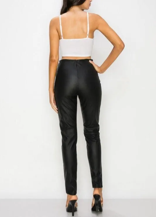 Black Vegan Leather Split Leg Pants