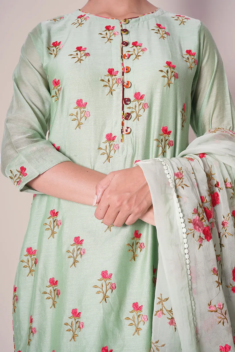 Bloomy Mint Floral Embroidered Chanderi Suit Set