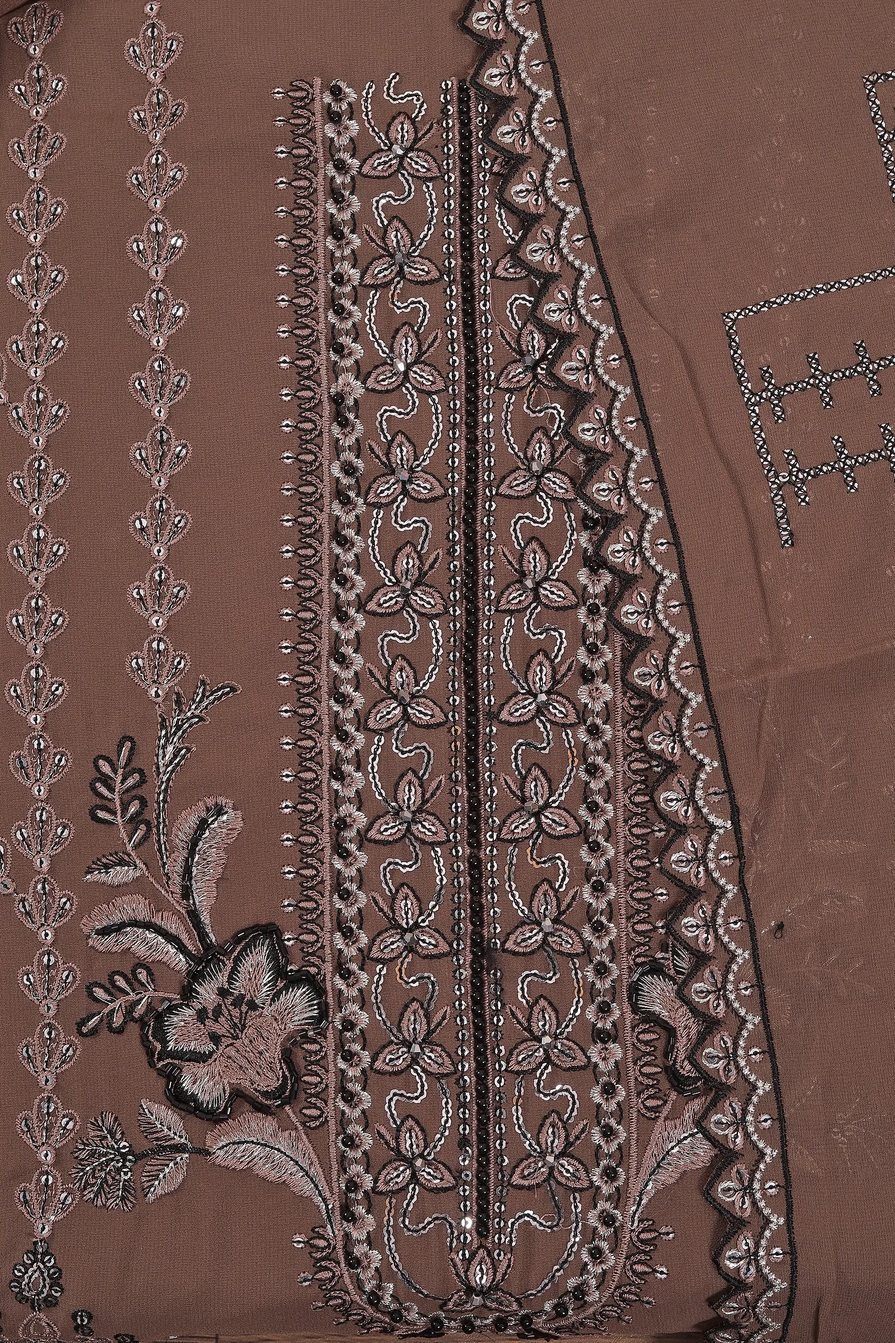 Brown Heavy Embroidered Poly Georgette Dress Material with Dupatta