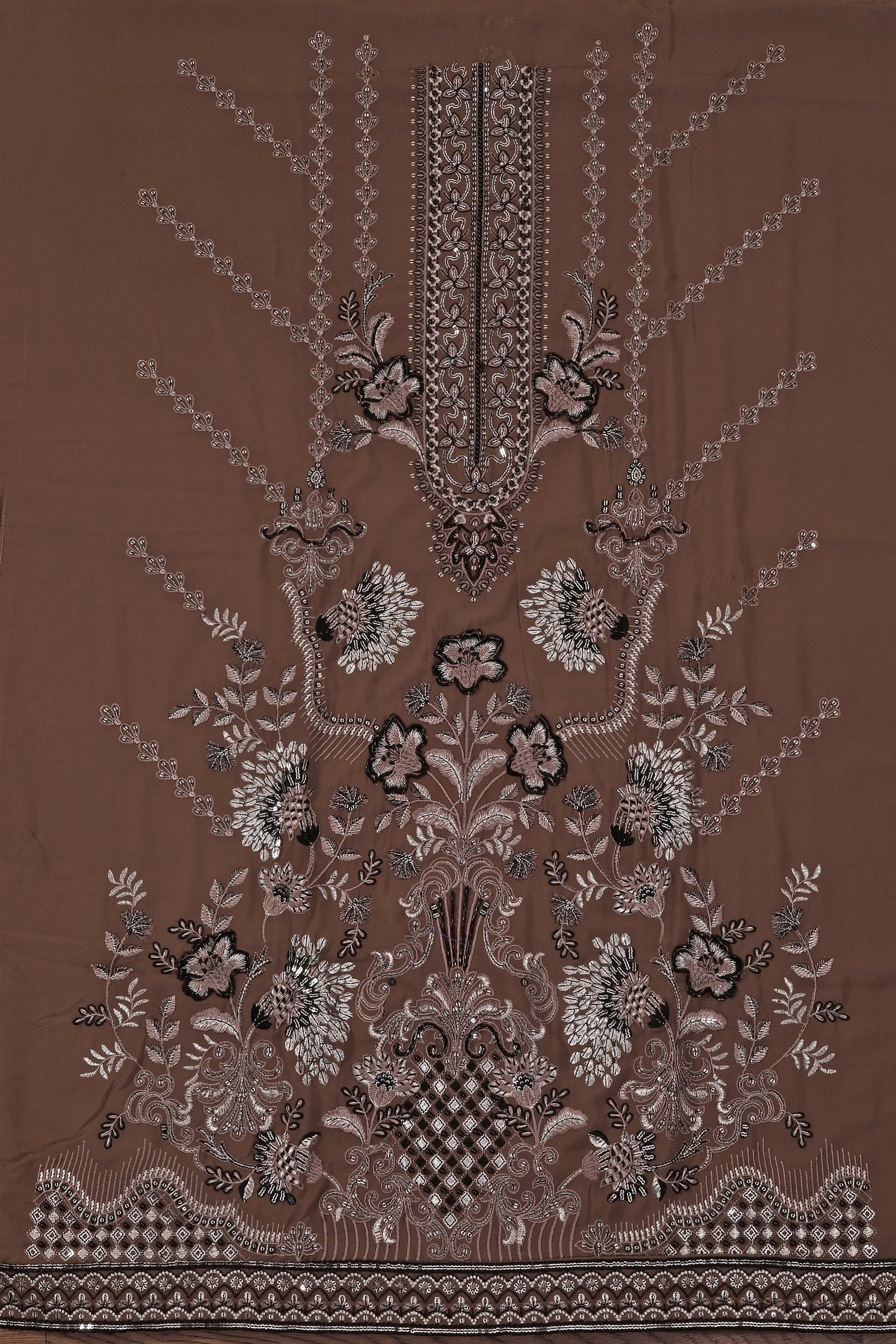 Brown Heavy Embroidered Poly Georgette Dress Material with Dupatta