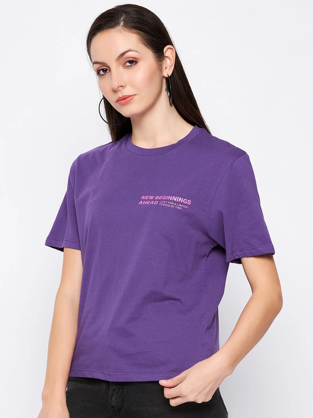 Camla Barcelona Purple Crew Neckline Typography Tshirt