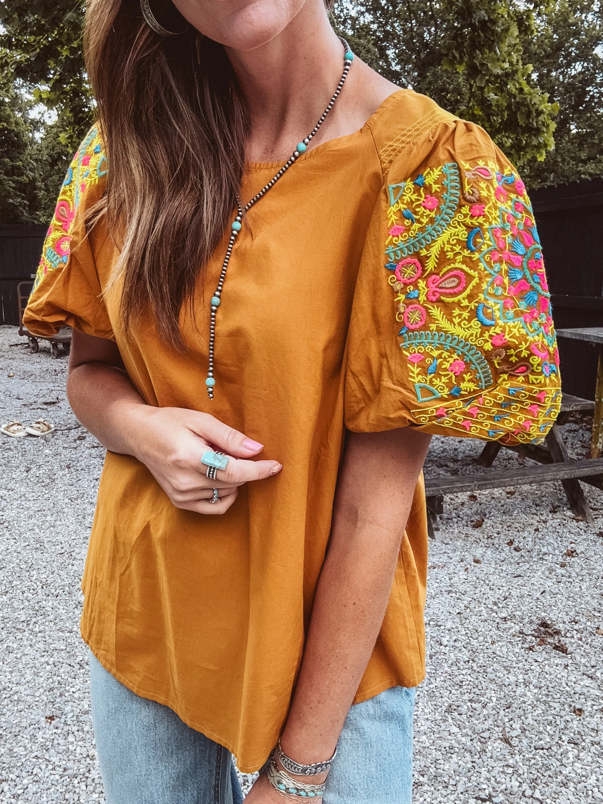 Caramel Balloon Sleeve Embroidered Top