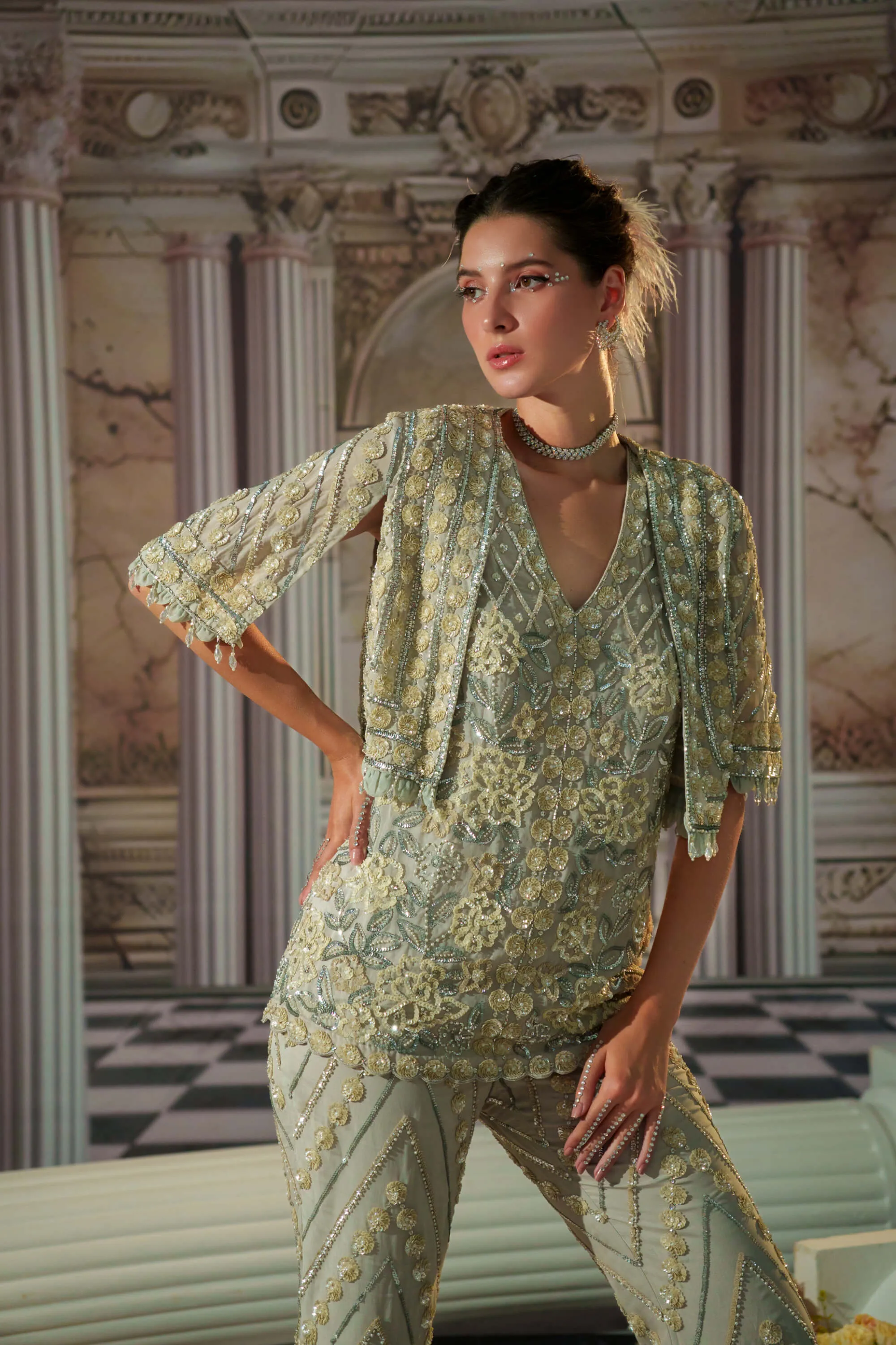 Celestial gray kurta and flared pant set
