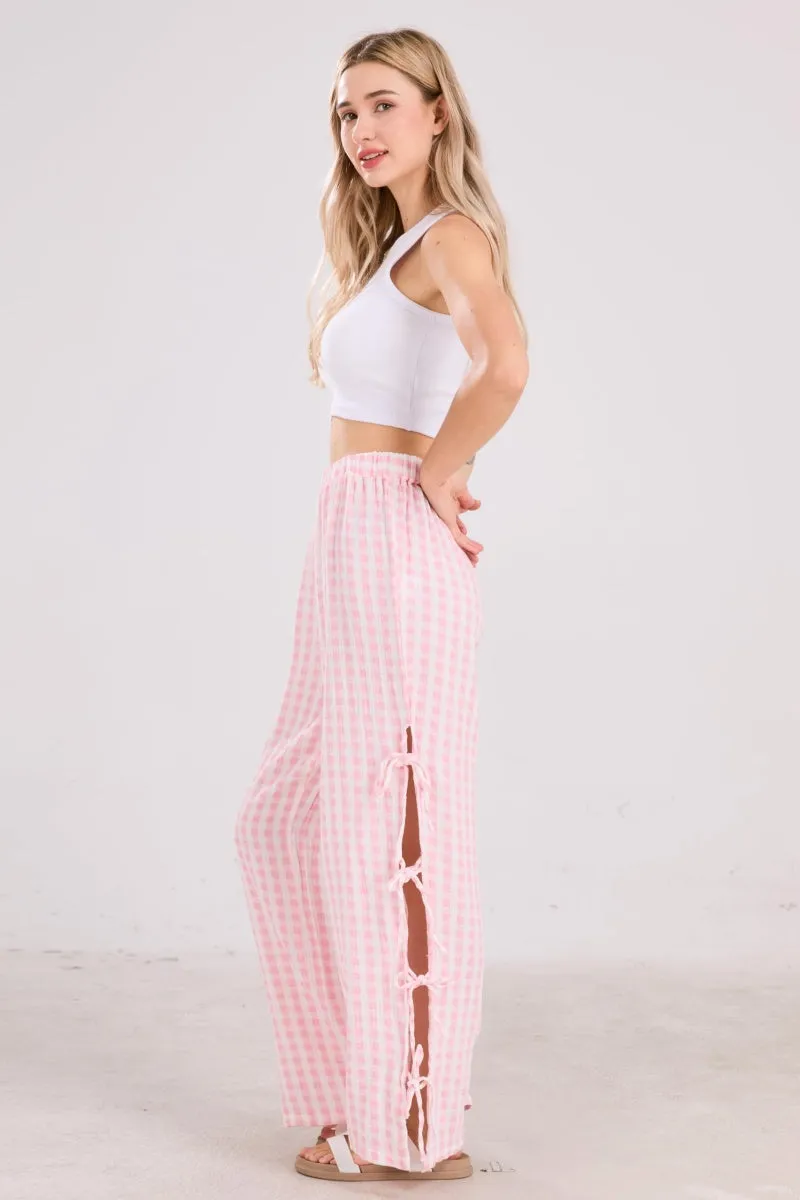 Chouyatou Womens Gingham Striped Wide Leg Pants Y2k Lounge Pants Lace Up Loose Trousers