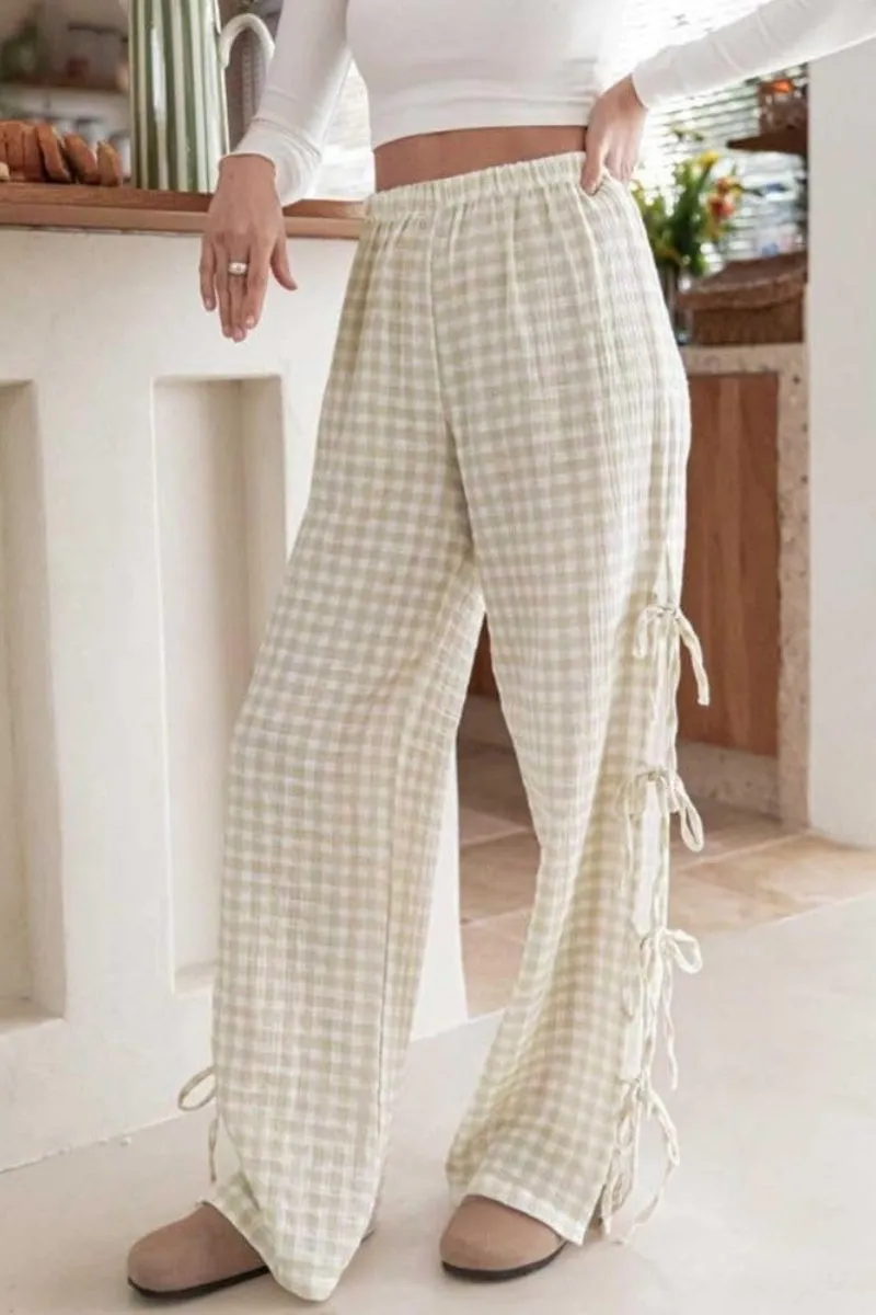 Chouyatou Womens Gingham Striped Wide Leg Pants Y2k Lounge Pants Lace Up Loose Trousers