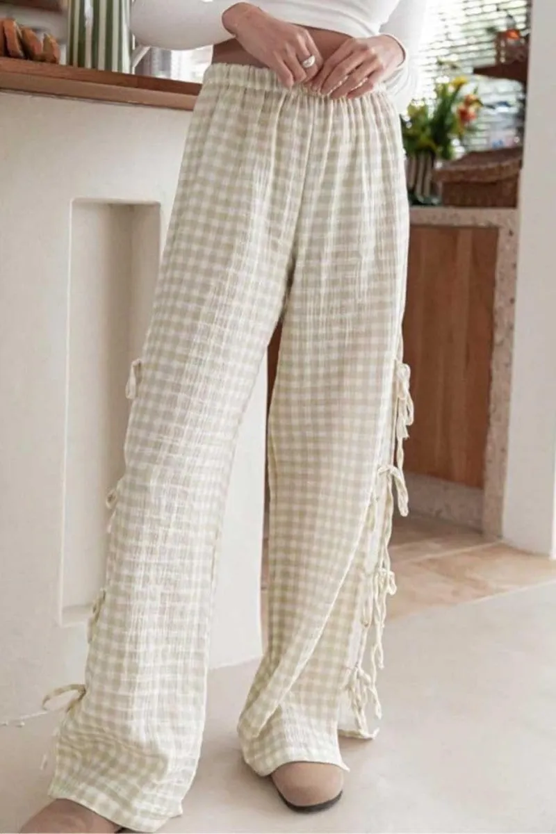 Chouyatou Womens Gingham Striped Wide Leg Pants Y2k Lounge Pants Lace Up Loose Trousers
