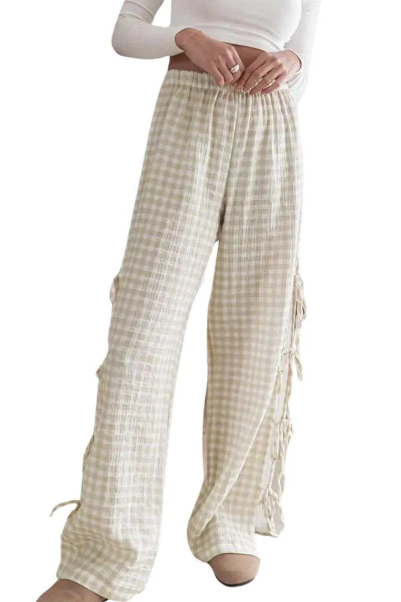 Chouyatou Womens Gingham Striped Wide Leg Pants Y2k Lounge Pants Lace Up Loose Trousers