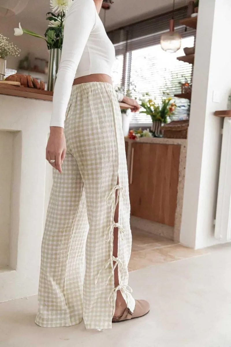 Chouyatou Womens Gingham Striped Wide Leg Pants Y2k Lounge Pants Lace Up Loose Trousers